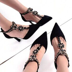 Women's Luxury Rhinestone Chain Decorated Suede Pointed Toe Hollow High heels
